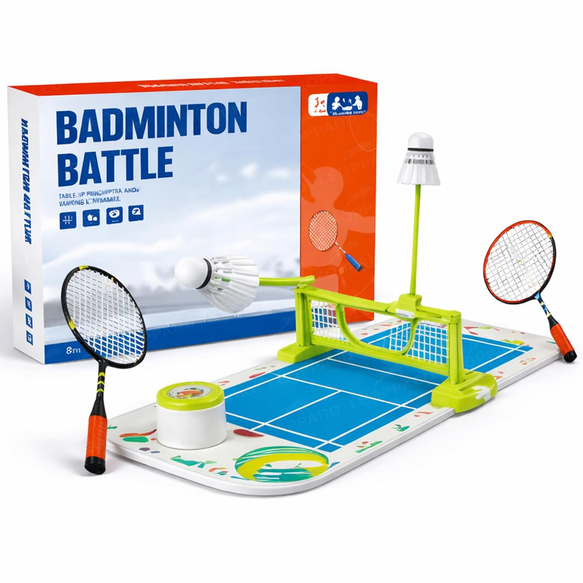 Badminton set with rackets and shuttlecocks in front of a 'Badminton Battle' packaging.