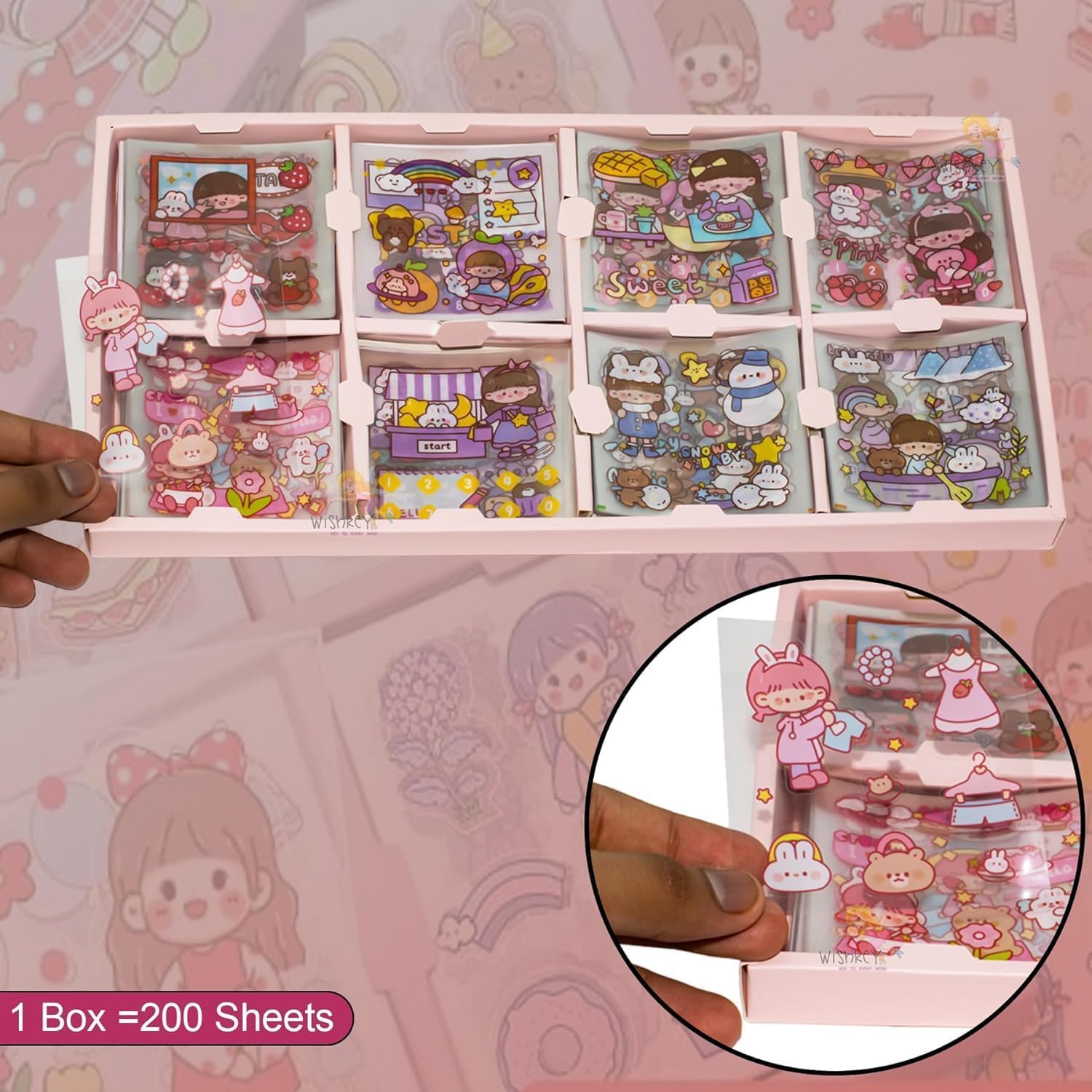 Set of cartoon-themed clear stamps in a box with a close-up inset showing individual stamps.