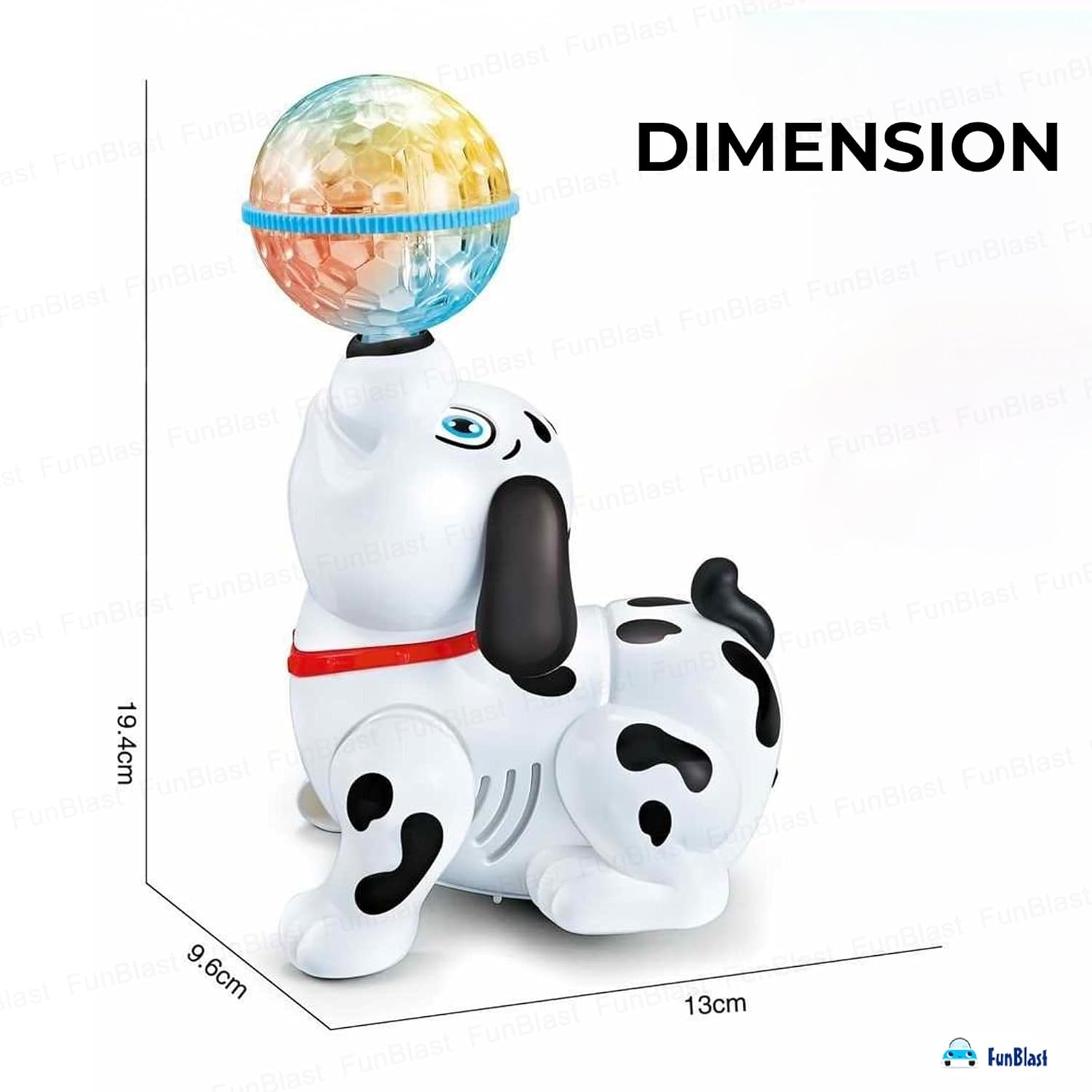 Toy dog with a colorful ball on its head, showing dimensions on a white background.