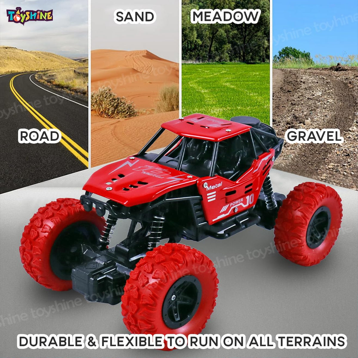 Red toy off-road vehicle with text indicating it can run on various terrains including road, sand, meadow, and gravel.