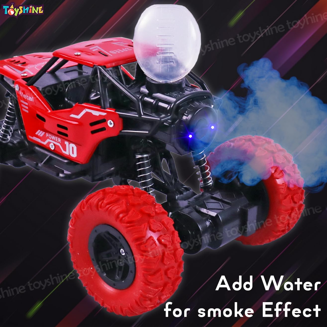 Toy car with smoke effect on a dark background, featuring the brand 'Toyshine'.