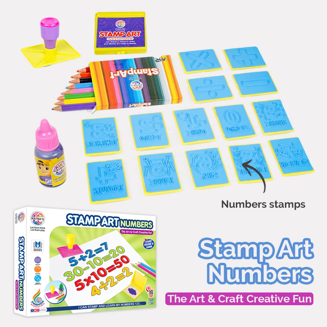Stamp Art Numbers set with stamps, ink pad, and coloring books on a white background