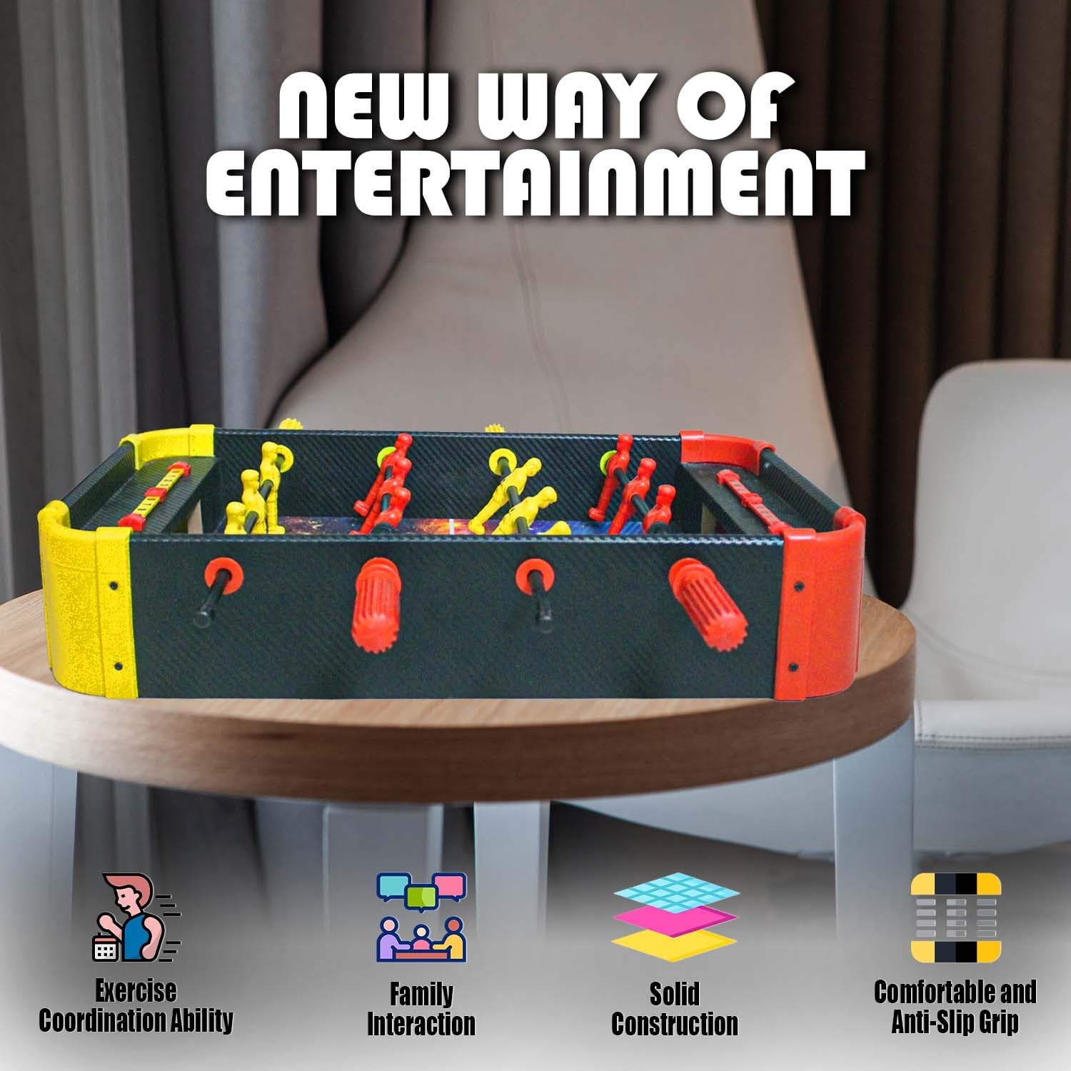 Tabletop foosball game on a wooden table with text 'New Way of Entertainment' and icons below.