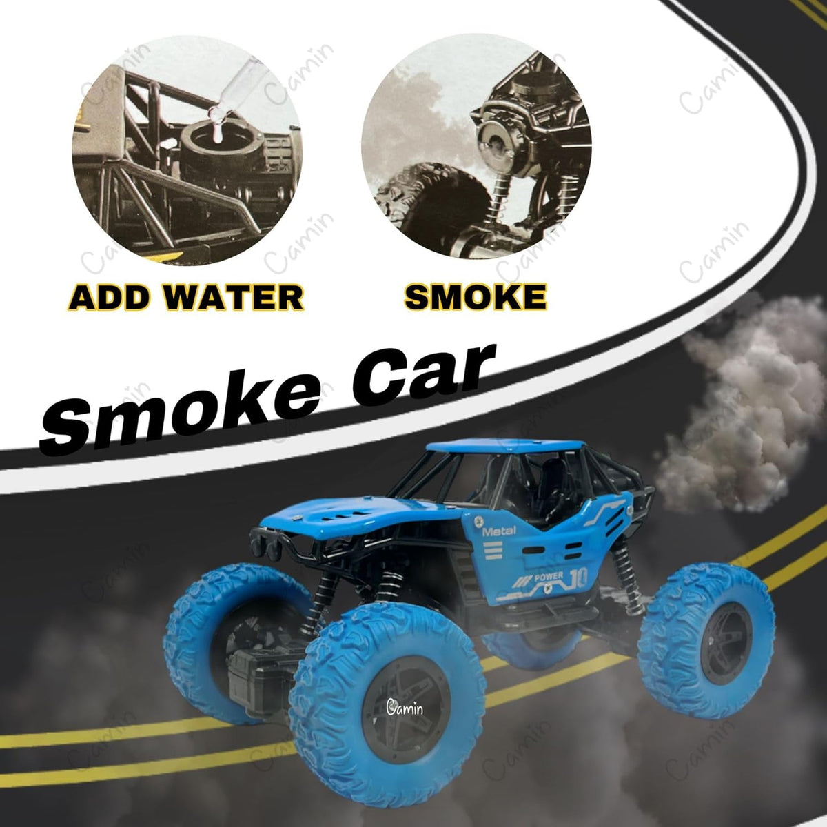Blue toy car with smoke effect on a track, showing how to create smoke by adding water.