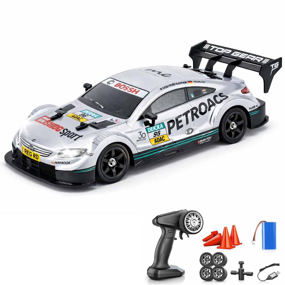 Model car with branding and remote control accessories on a white background