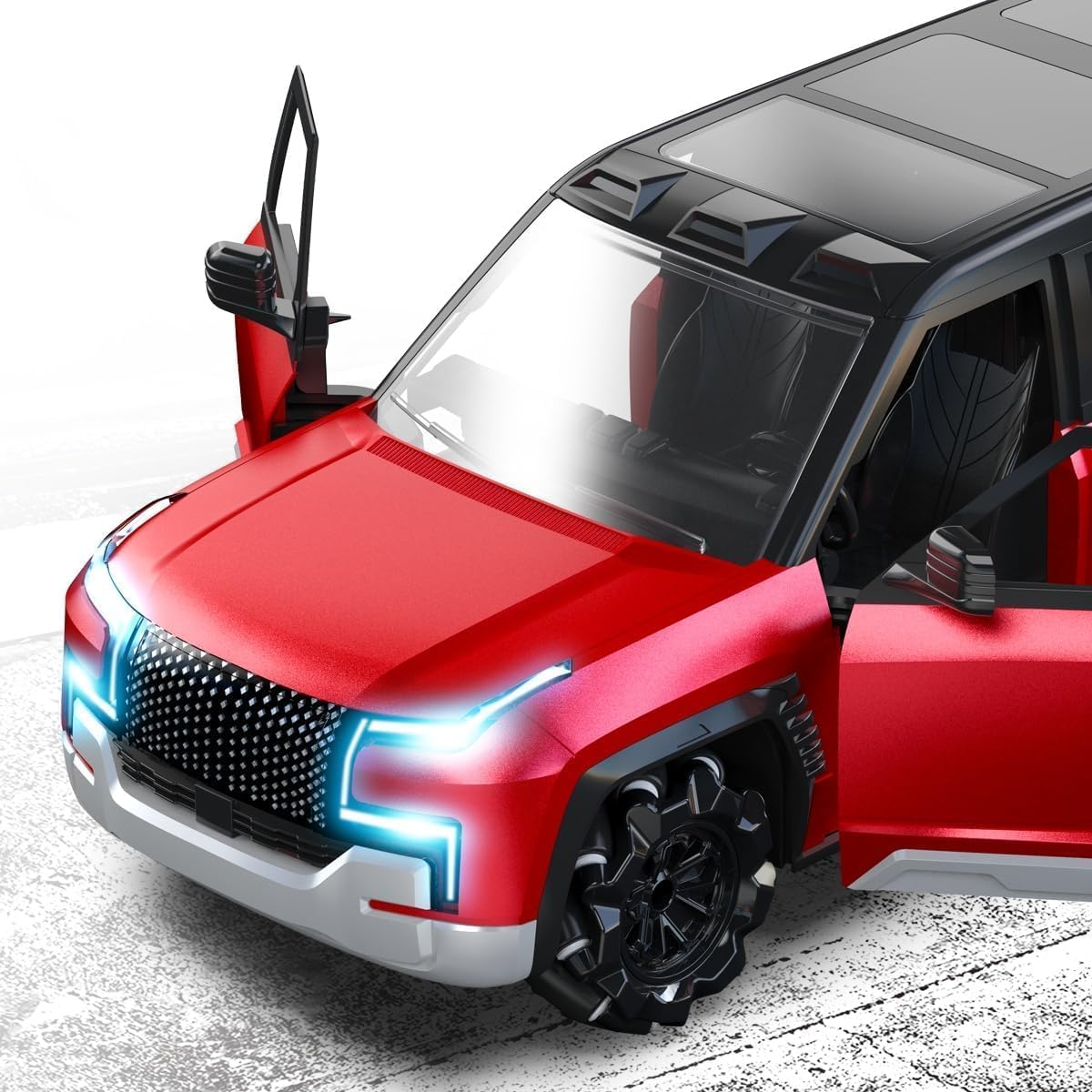 Red electric vehicle with glowing headlights on a white background
