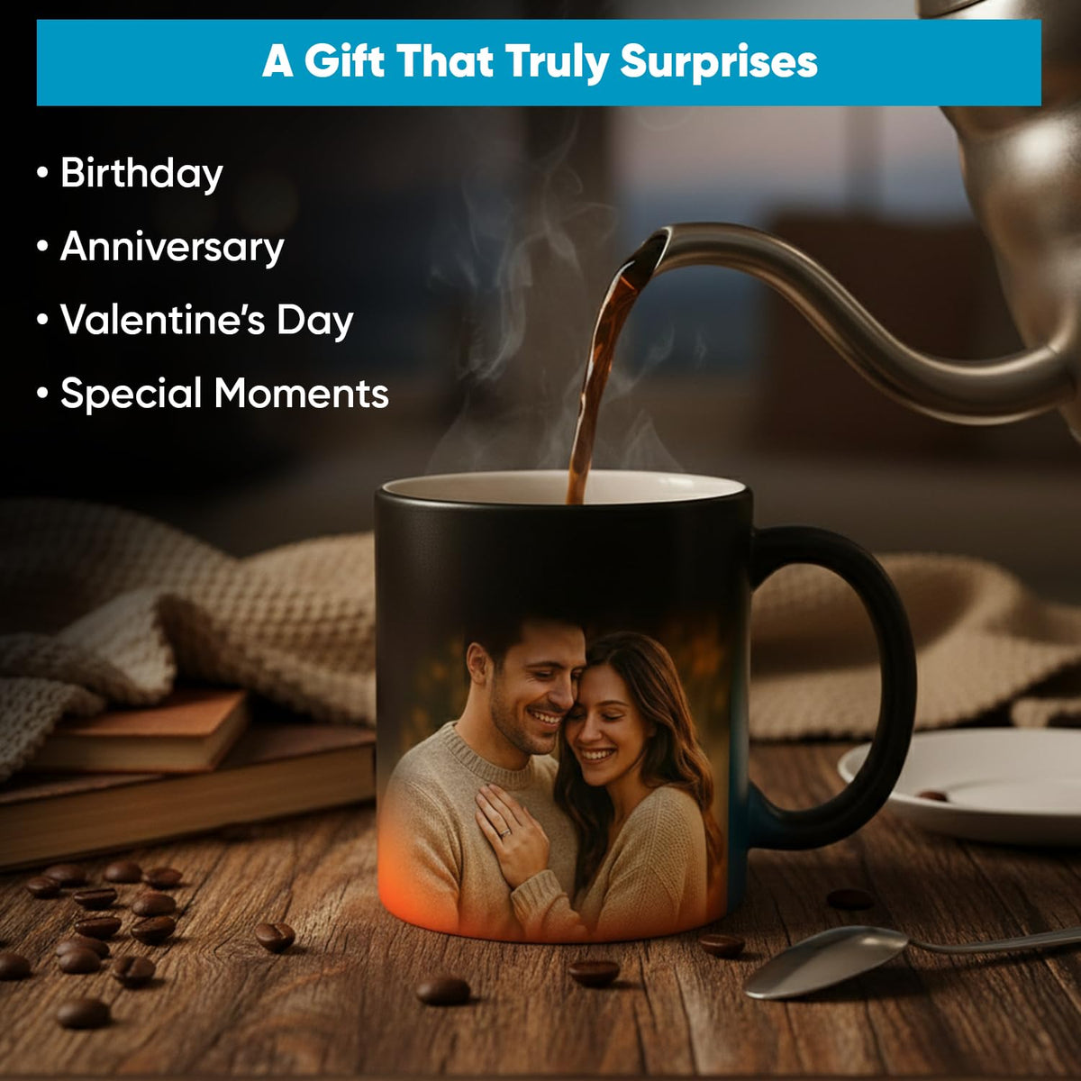Personalized mug with a couple's photo, being filled with coffee on a wooden table.