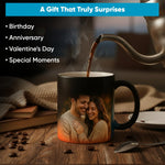 Personalized mug with a couple's photo, being filled with coffee on a wooden table.