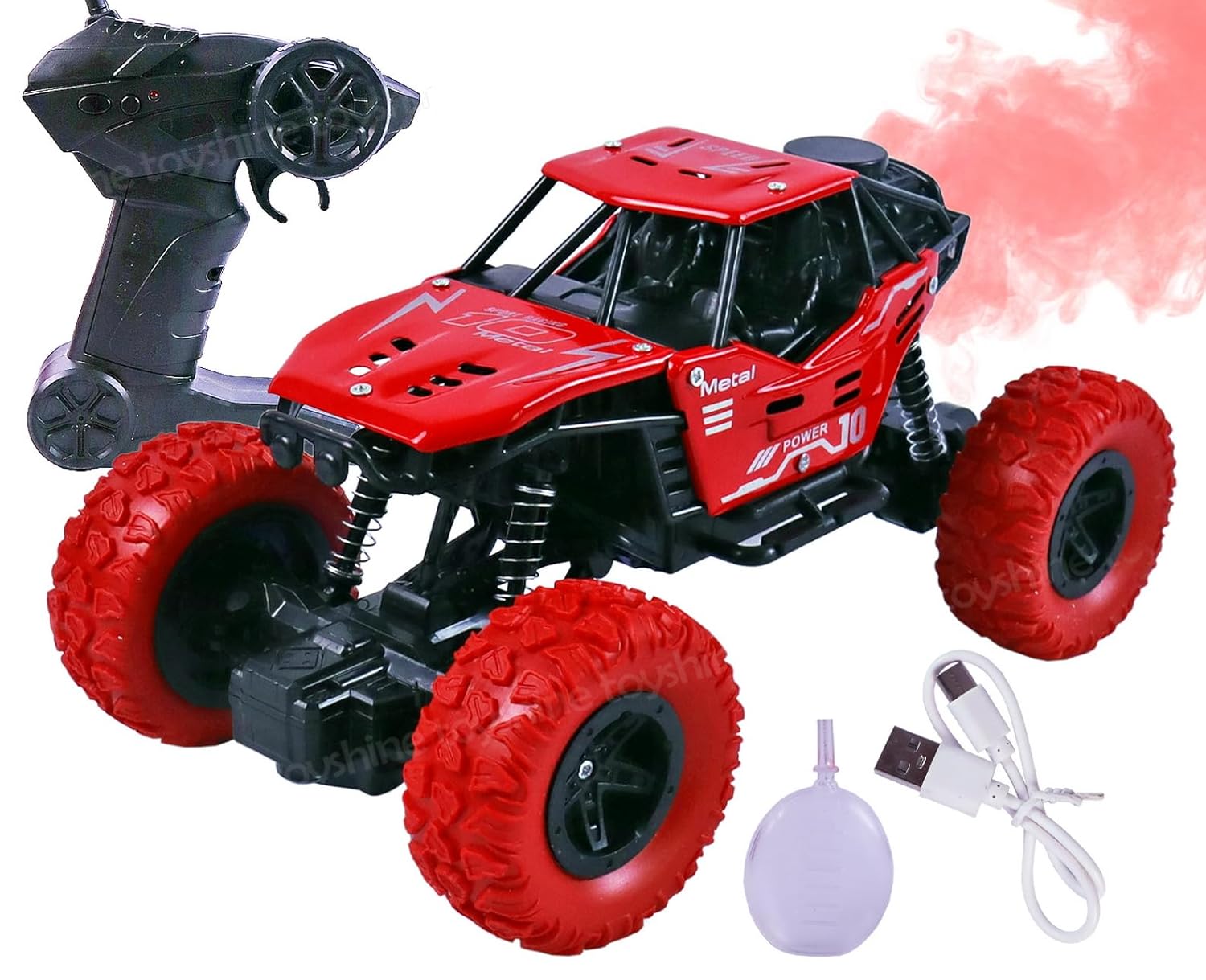 Red remote control car with charger and smoke effect on a white background