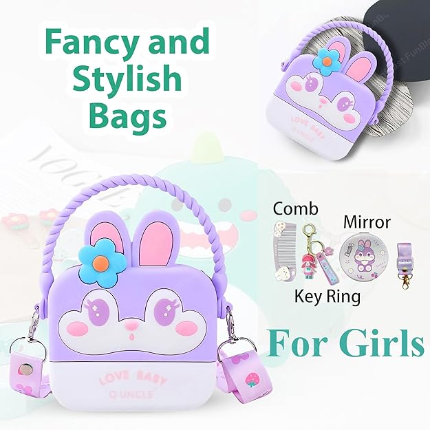 Fancy and stylish bag with bunny design, comb, mirror, and key ring on a white background.