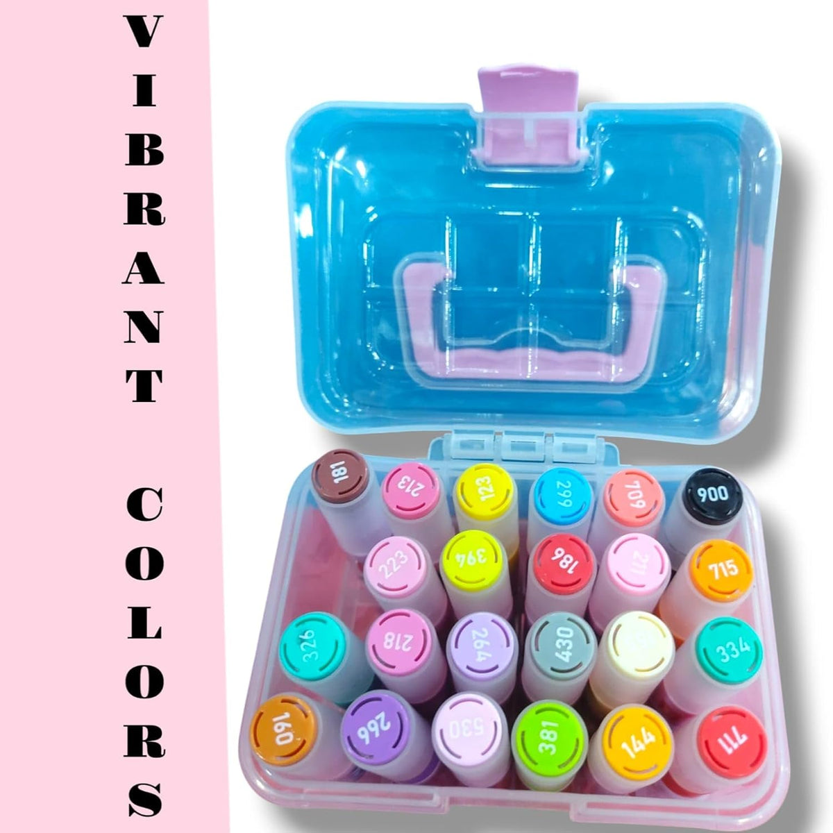 Set of colorful markers in a blue case with 'Vibrant Colors' text on a pink background
