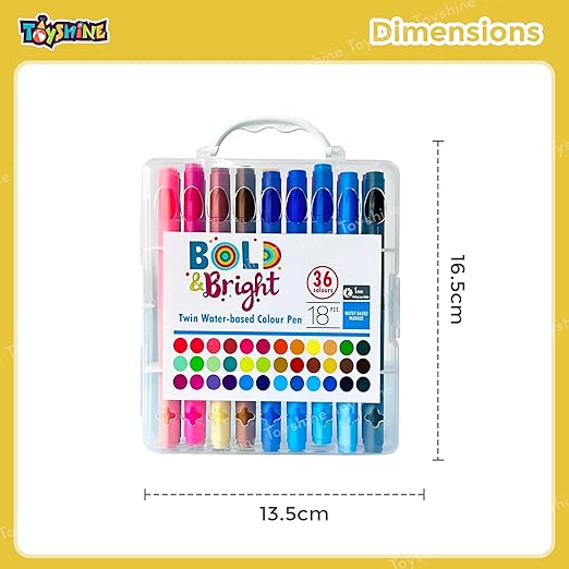 Set of 36 colorful markers in a clear plastic case with dimensions displayed on a yellow background.