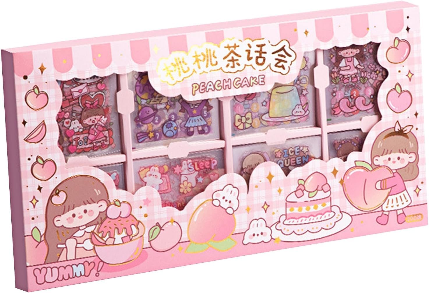 Peach-themed stationery set packaging with cartoon characters and 'Yummy' branding.