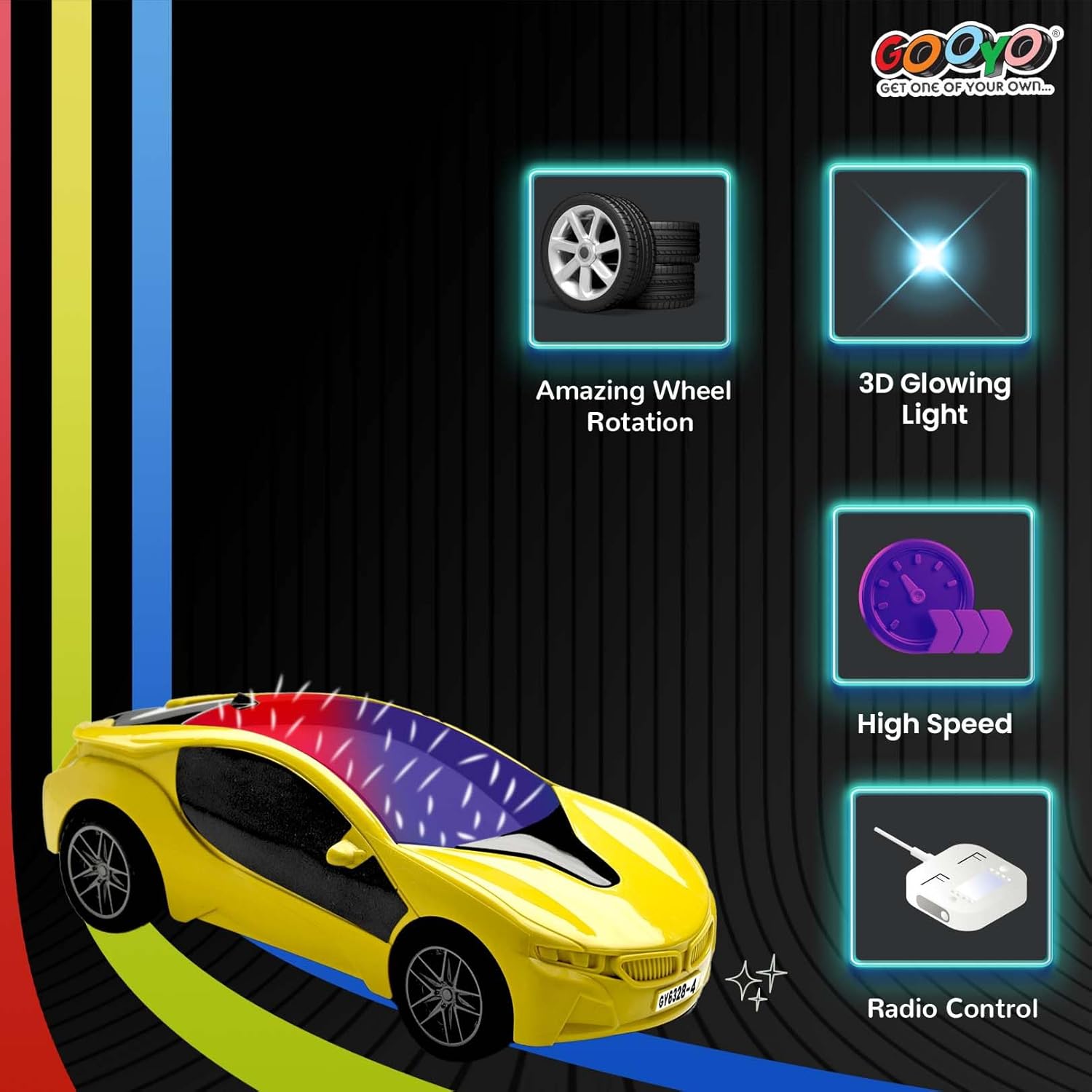 Toy car with features highlighted on a colorful background