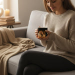 Woman holding a mug with a photo of a couple on a cozy couch.