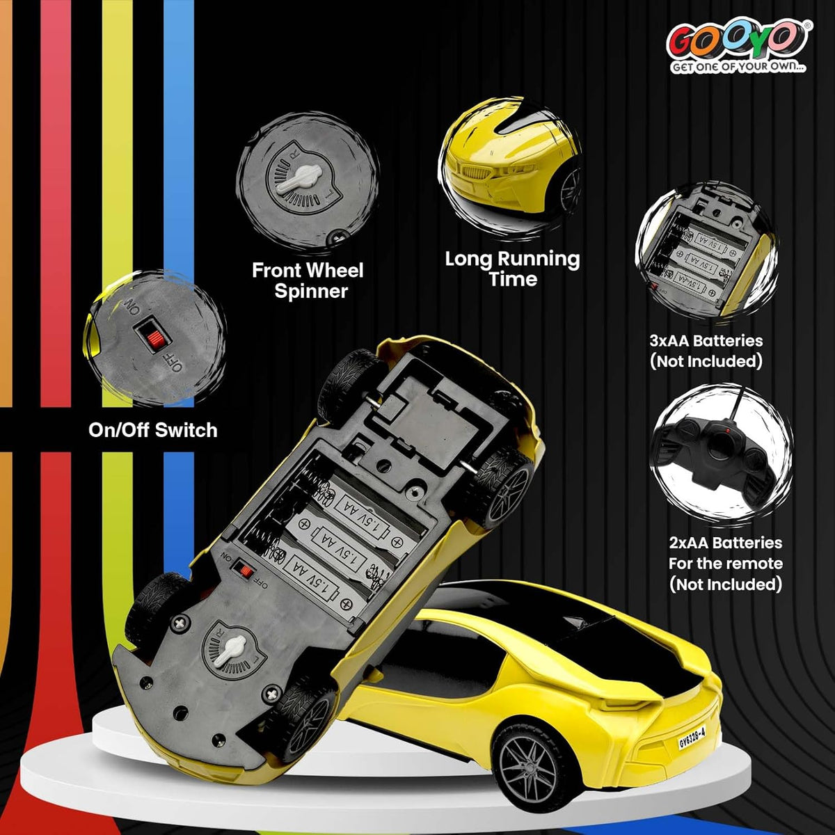 Yellow toy car with features highlighted on a colorful background