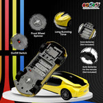 Yellow toy car with features highlighted on a colorful background