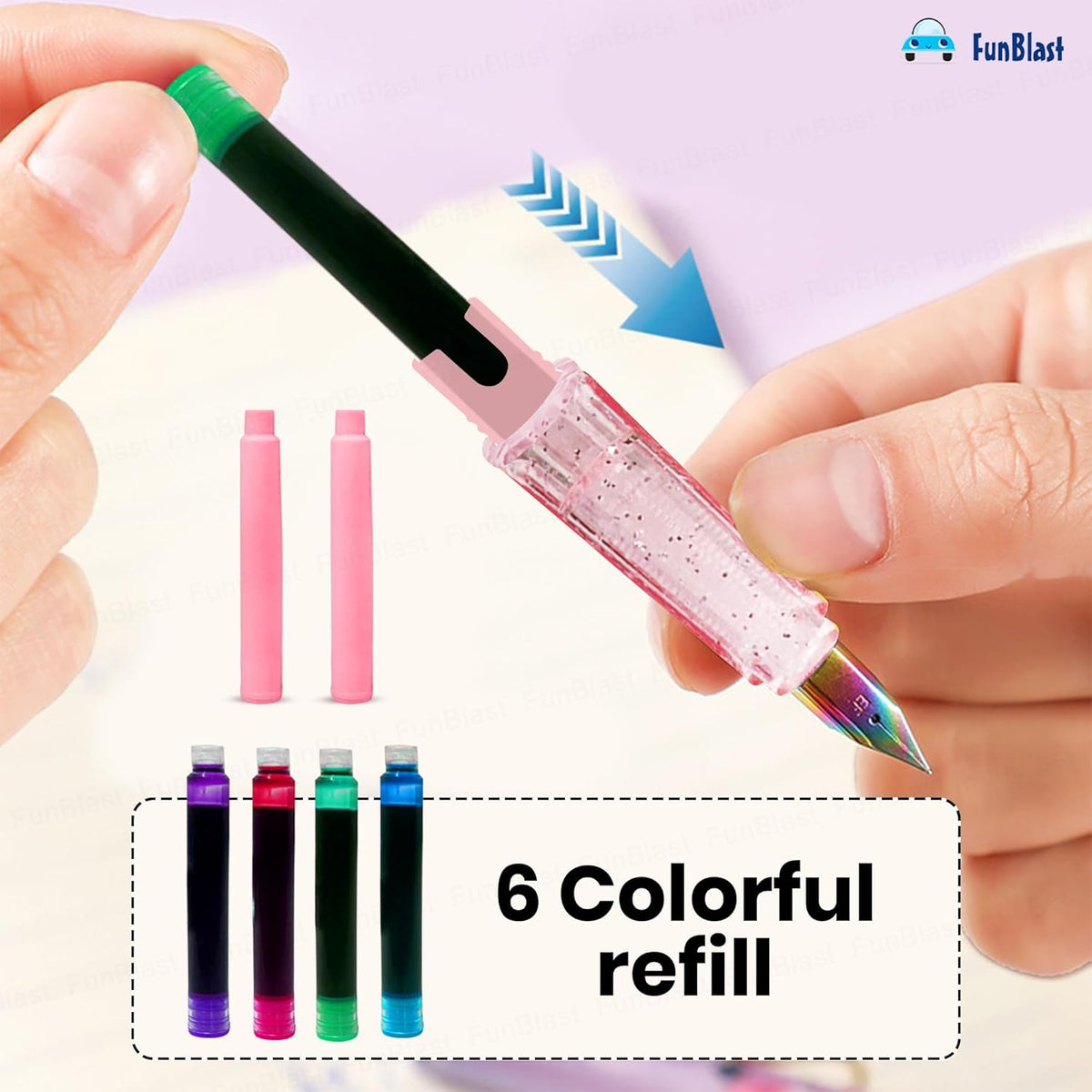 Pen set with dimensions labeled on a purple background