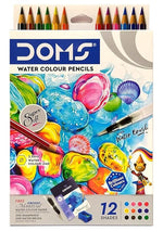 DOMS watercolor pencils set with colorful packaging featuring watercolor designs and a brush.