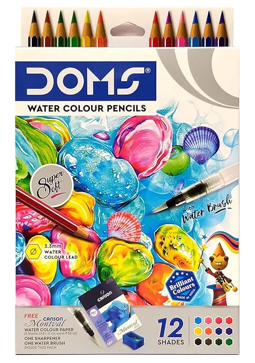 DOMS watercolor pencils set with colorful packaging featuring watercolor designs and a brush.