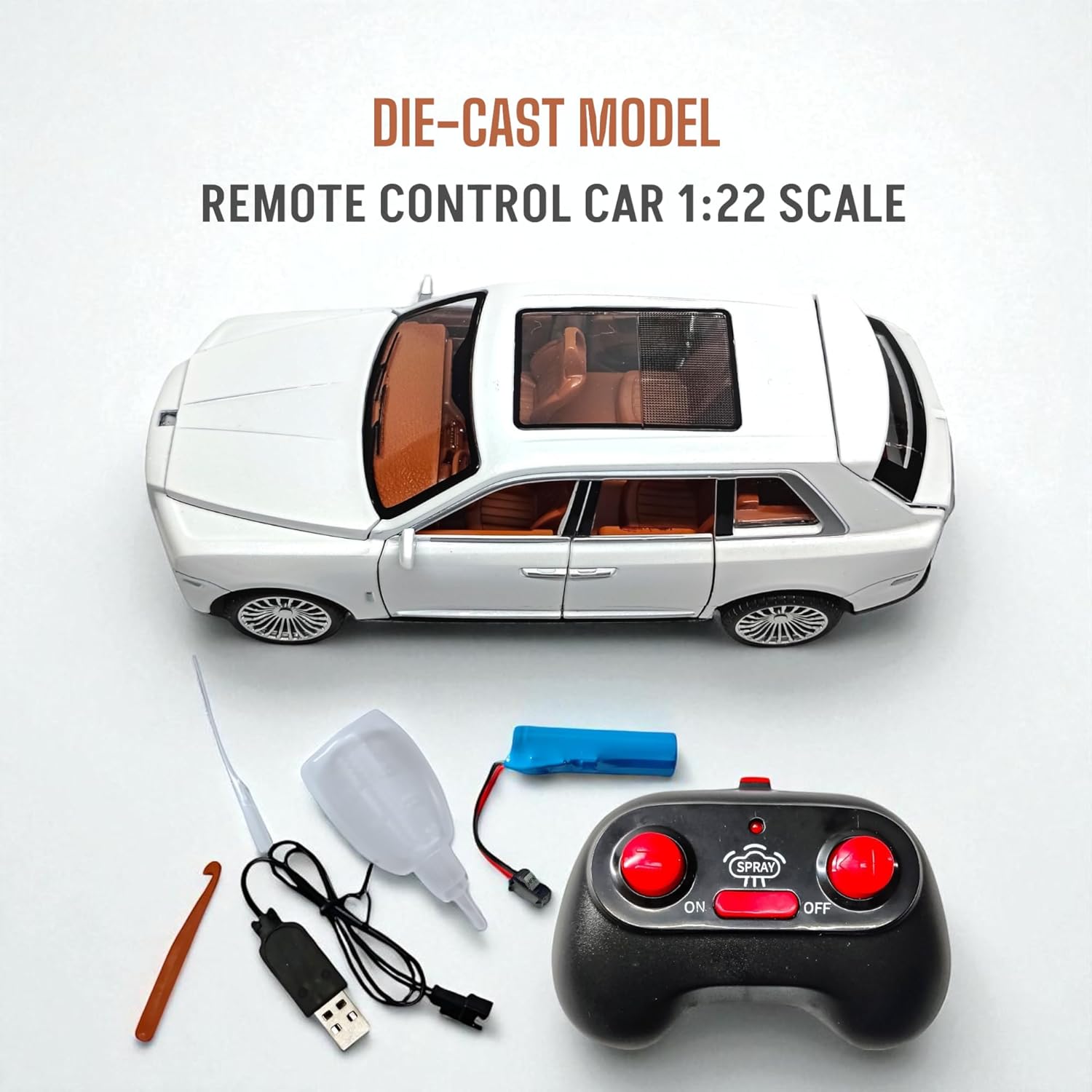 Die-cast model remote control car with accessories on a white background