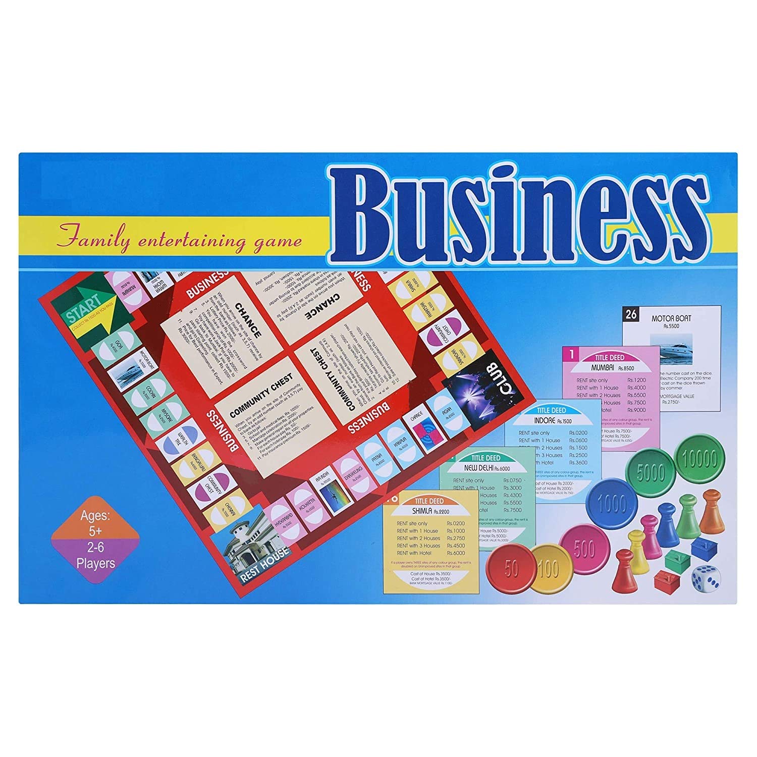 Board game packaging for a business-themed family entertaining game with colorful components.