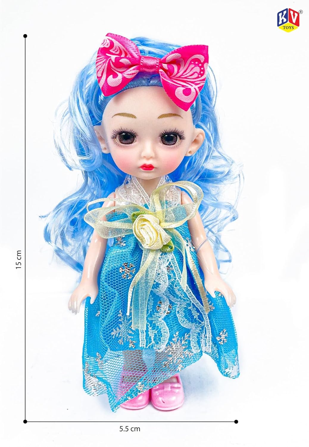 Toy doll with blue hair and a pink bow, wearing a blue dress with snowflakes, on a white background with measurements indicated.