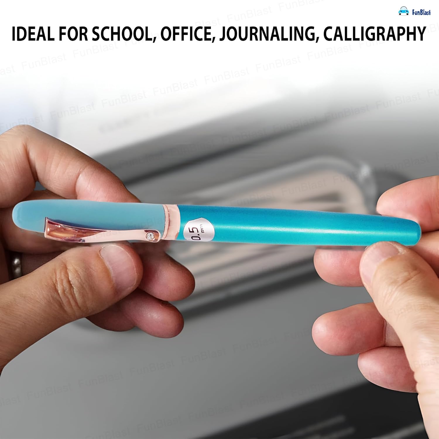 Turquoise pen held by two hands with text indicating its use for school, office, journaling, and calligraphy.