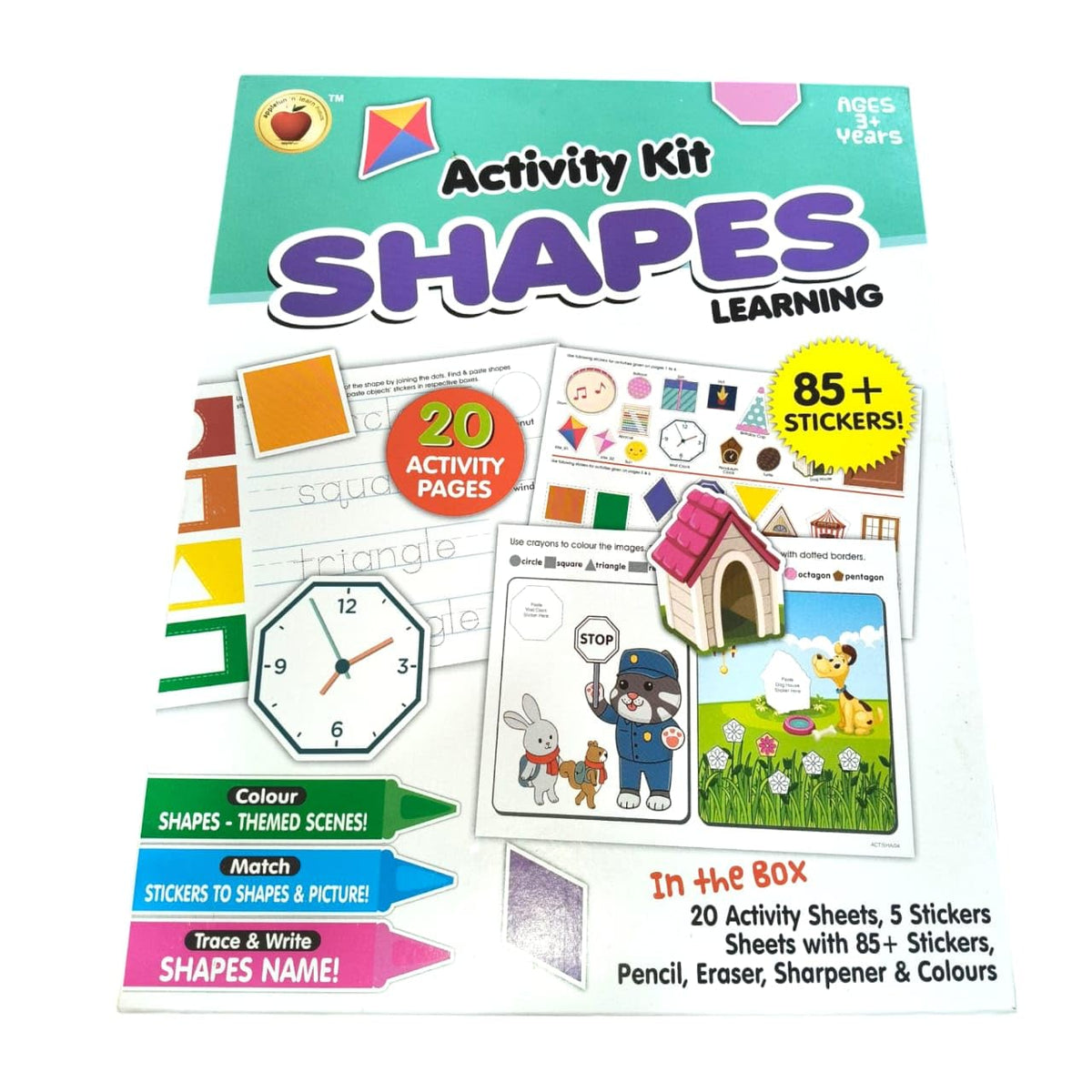 Shapes learning activity kit with colorful packaging and illustrations of shapes and activities.