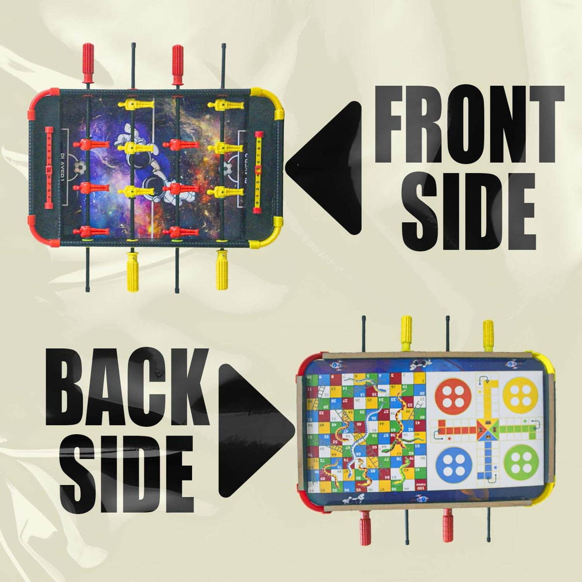 Two sides of a portable game console with different games displayed, labeled 'Front Side' and 'Back Side'.