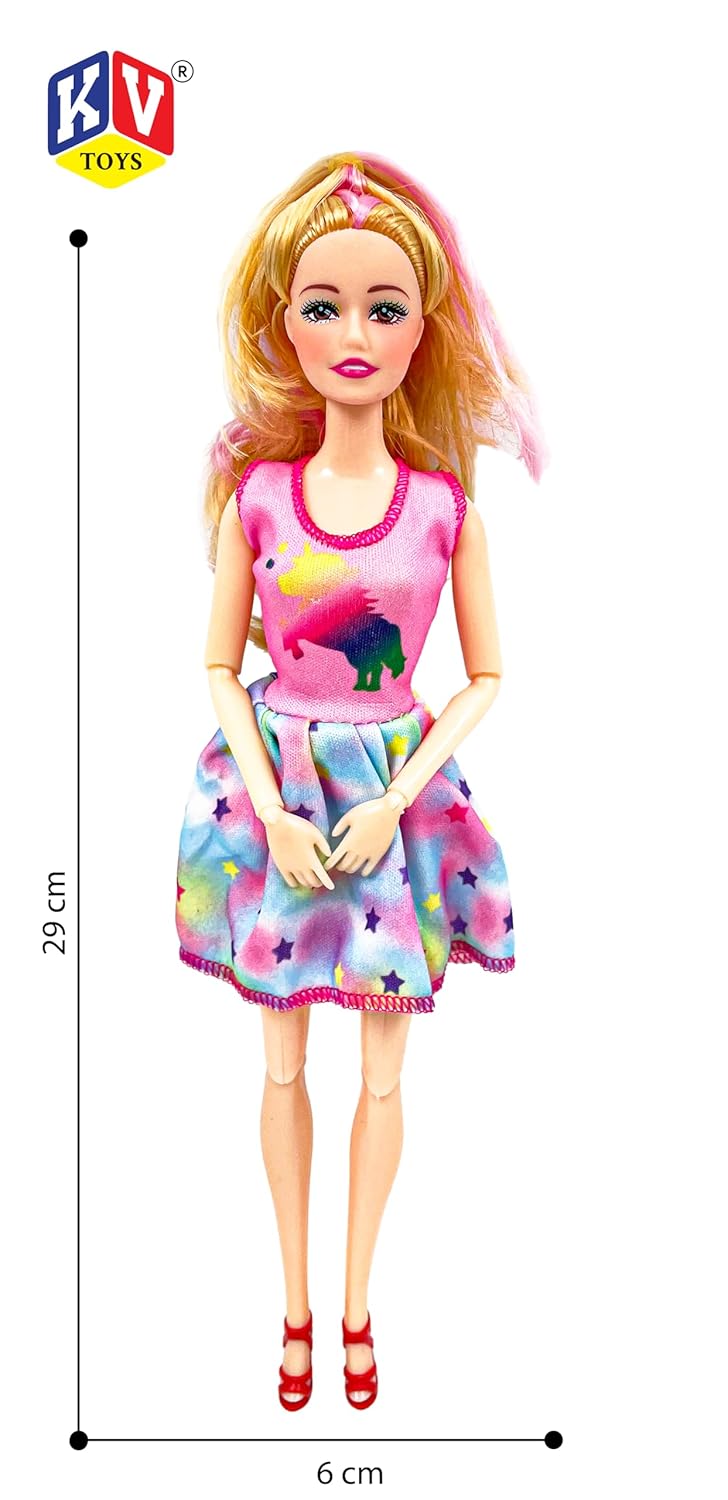 Barbie doll with a colorful dress and measurements on a white background