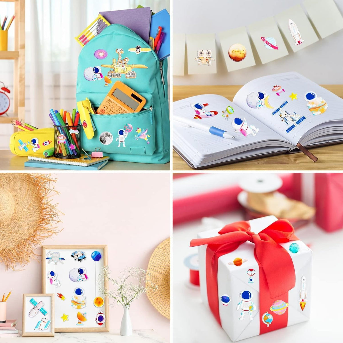 Collage of a colorful backpack with stationery, a child's drawing book, framed artwork, and a gift box.