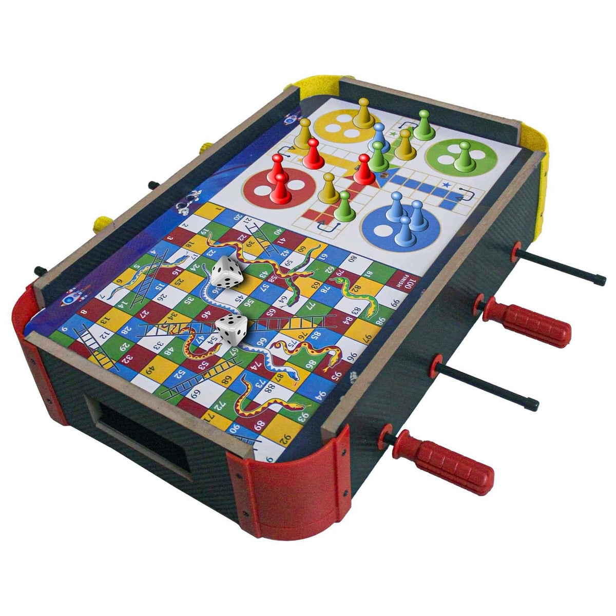 Colorful board game table with various pieces on a white background