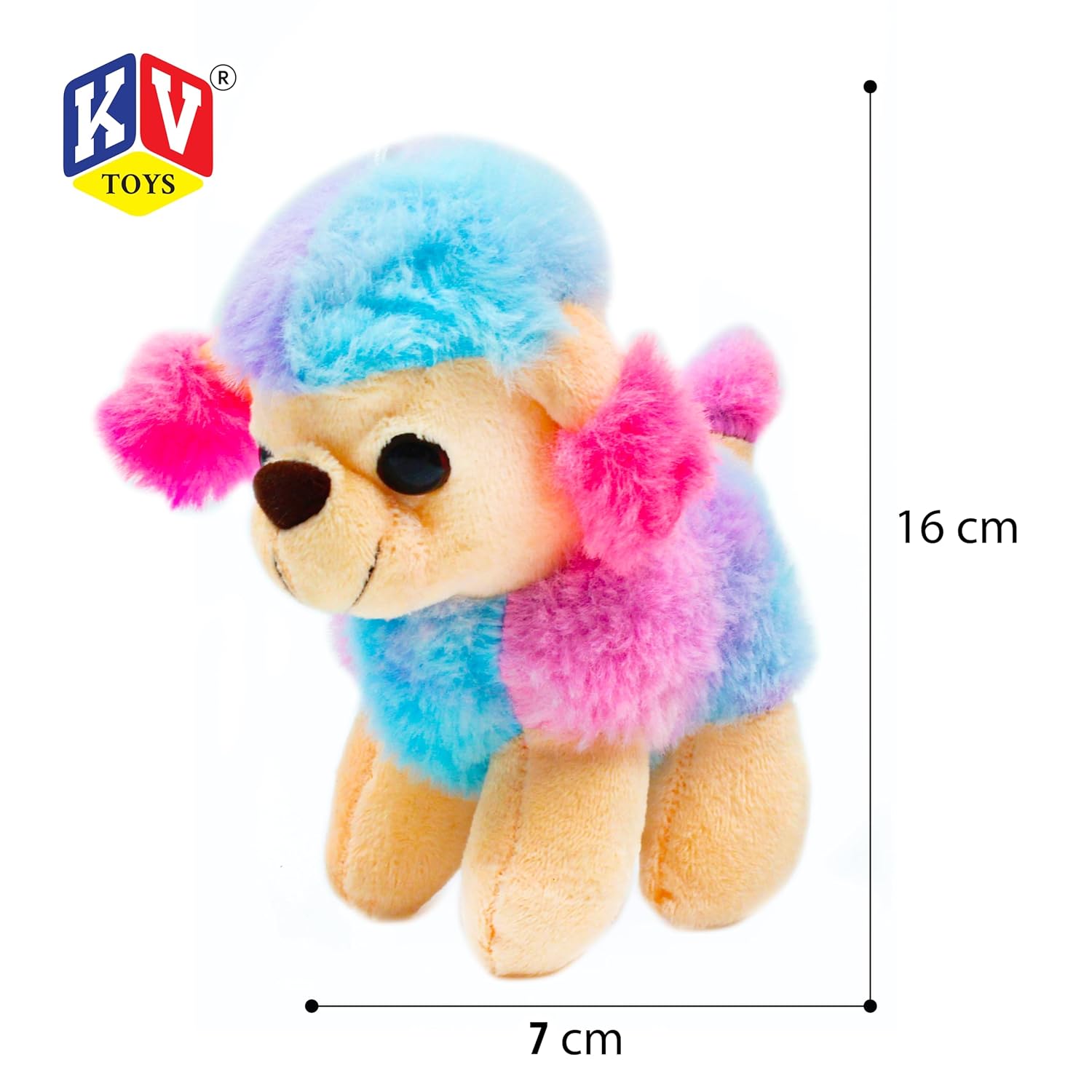 Colorful plush toy with dimensions and KV Toys logo on a white background
