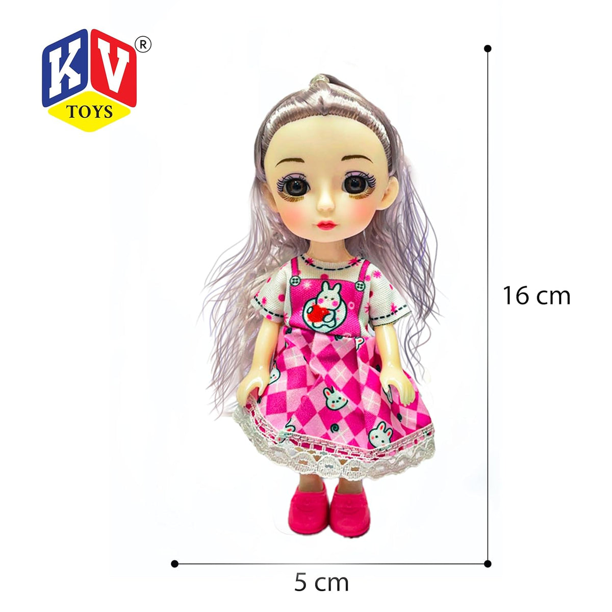 Toy doll with pink checkered dress and measurements on a white background, featuring the KV Toys logo.