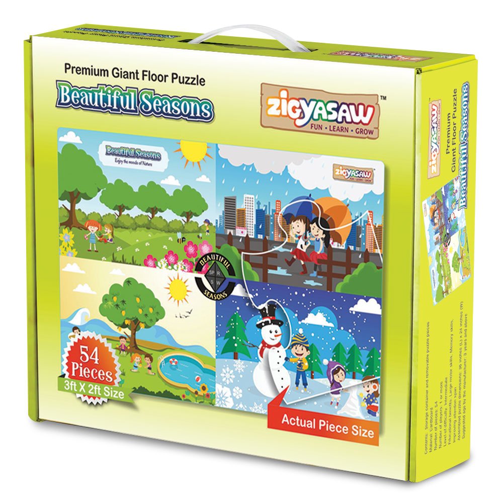 Premium Giant Floor Puzzle packaging with colorful illustrations of different seasons on a white background.