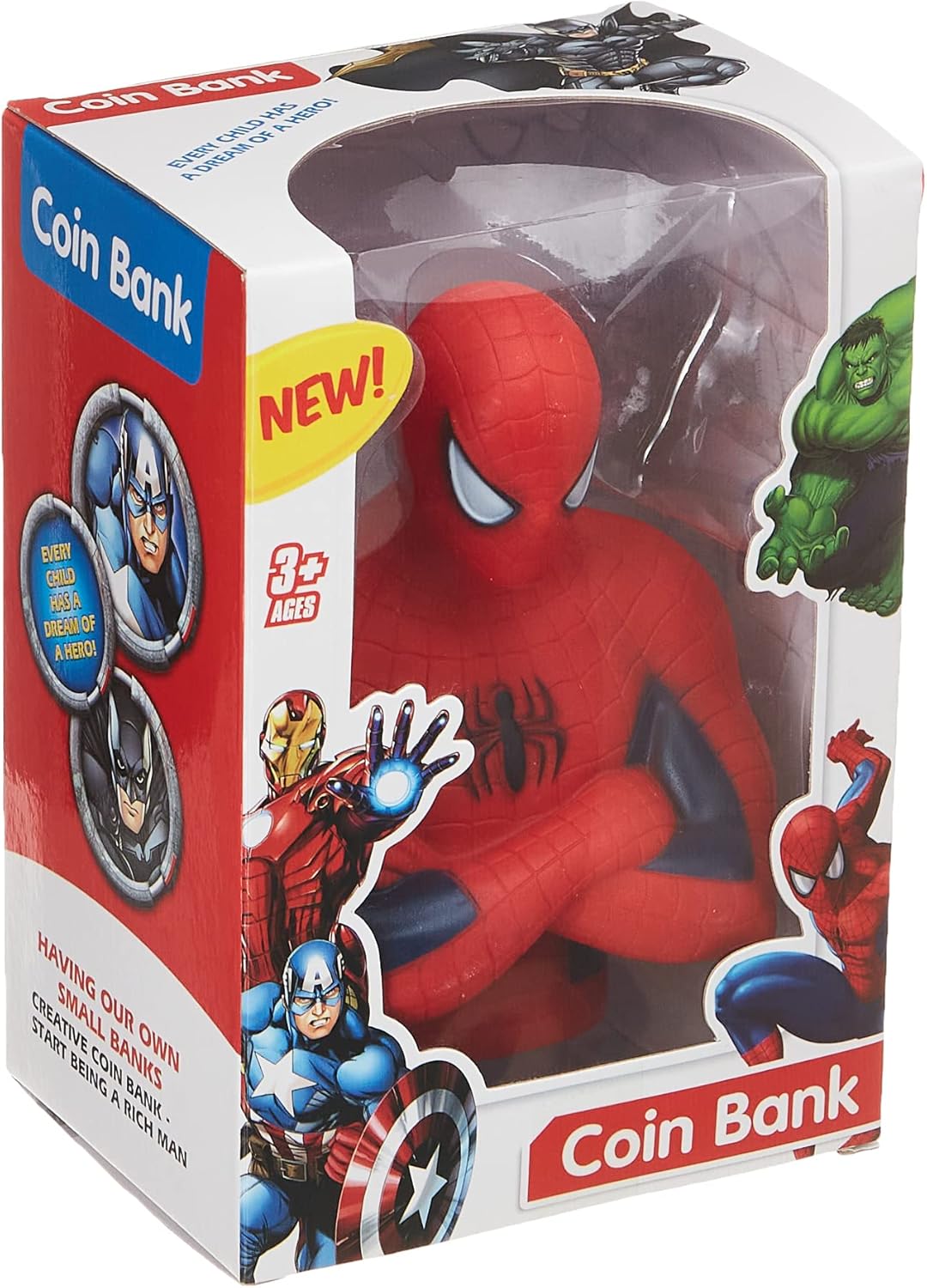 Spider-Man coin bank in packaging with superhero characters on a white background