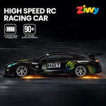 High-speed RC racing car with Zivvy branding on a dark background