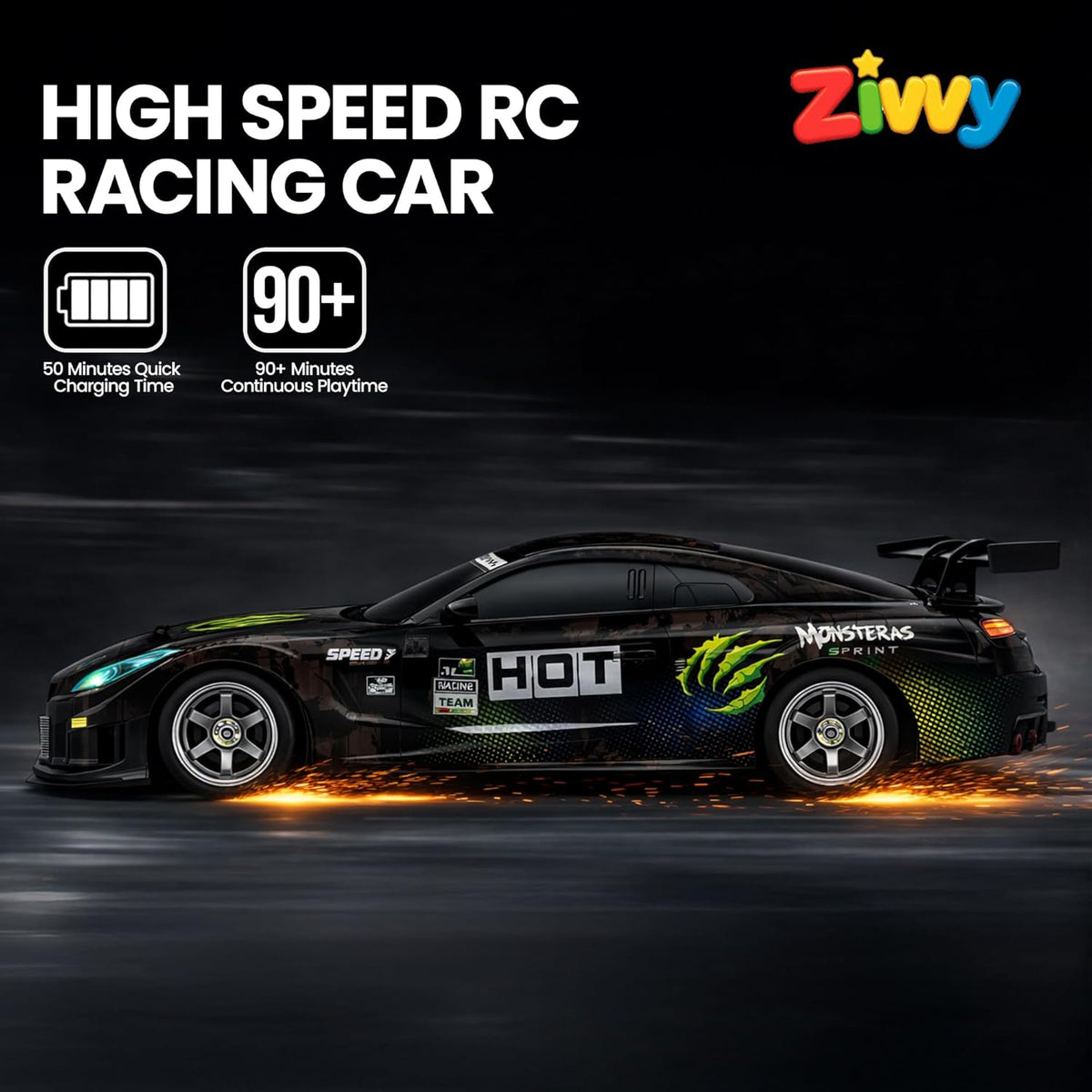 High-speed RC racing car with Zivvy branding on a dark background
