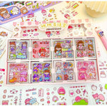 Set of colorful stickers with cartoon characters on a white background