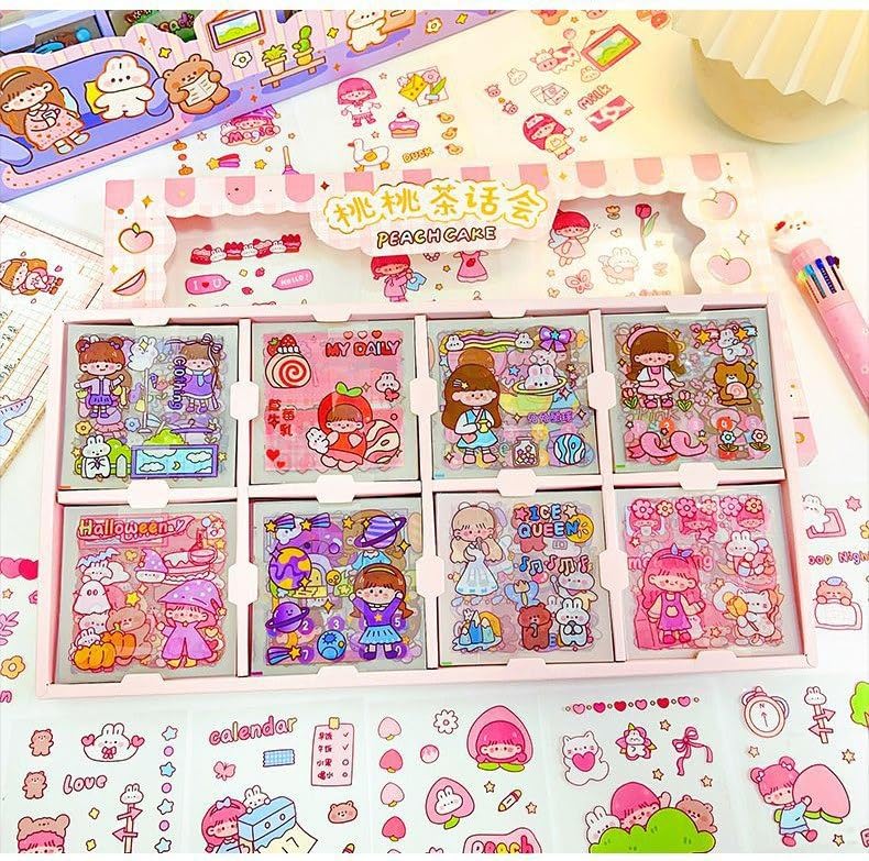 Set of colorful stickers with cartoon characters on a white background