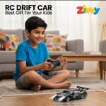 Child playing with an RC drift car in a living room, with Zivvy branding.