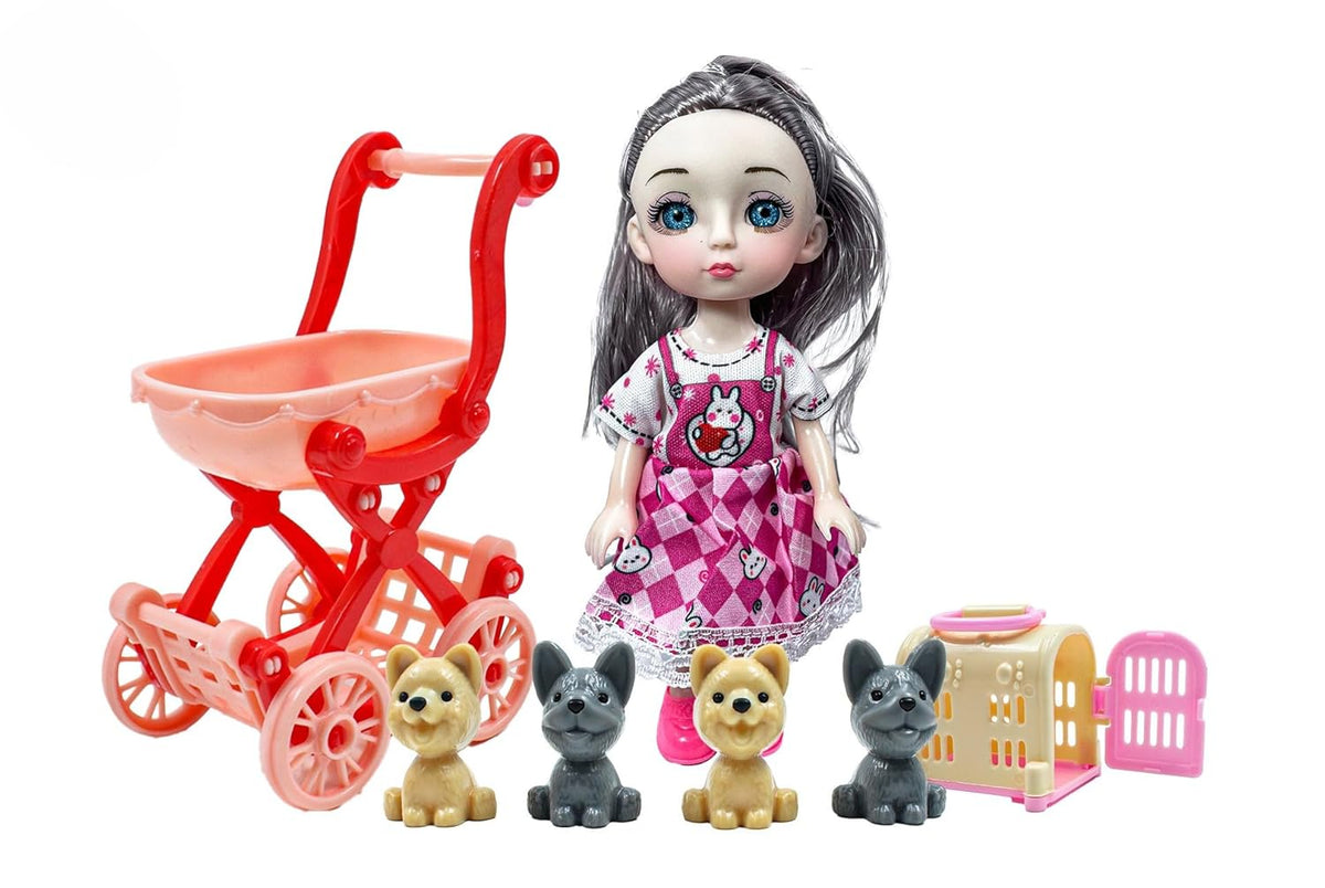 Toy doll with gray hair and a pink dress, accompanied by a red stroller, four dogs, and a pink pet carrier on a white background.