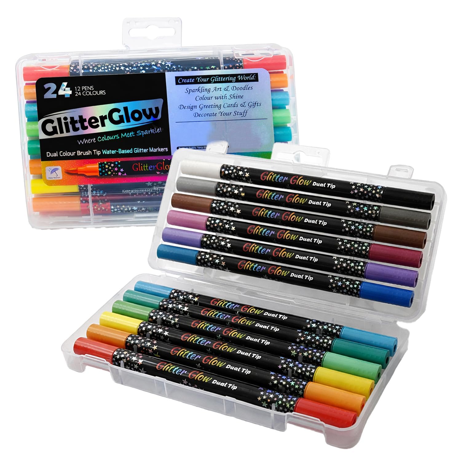 Set of GlitterGlow dual-tip markers in a clear case with packaging in the background.