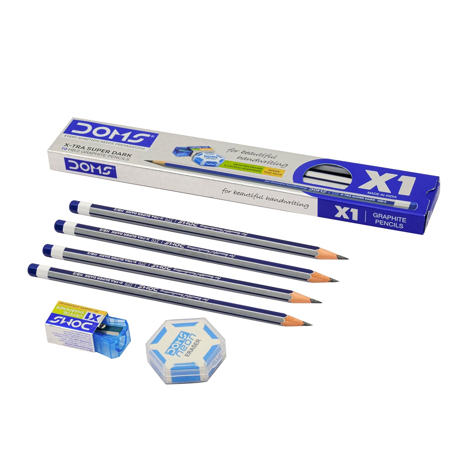 DOMS X-TRA Super Dark graphite pencils with packaging on a white background