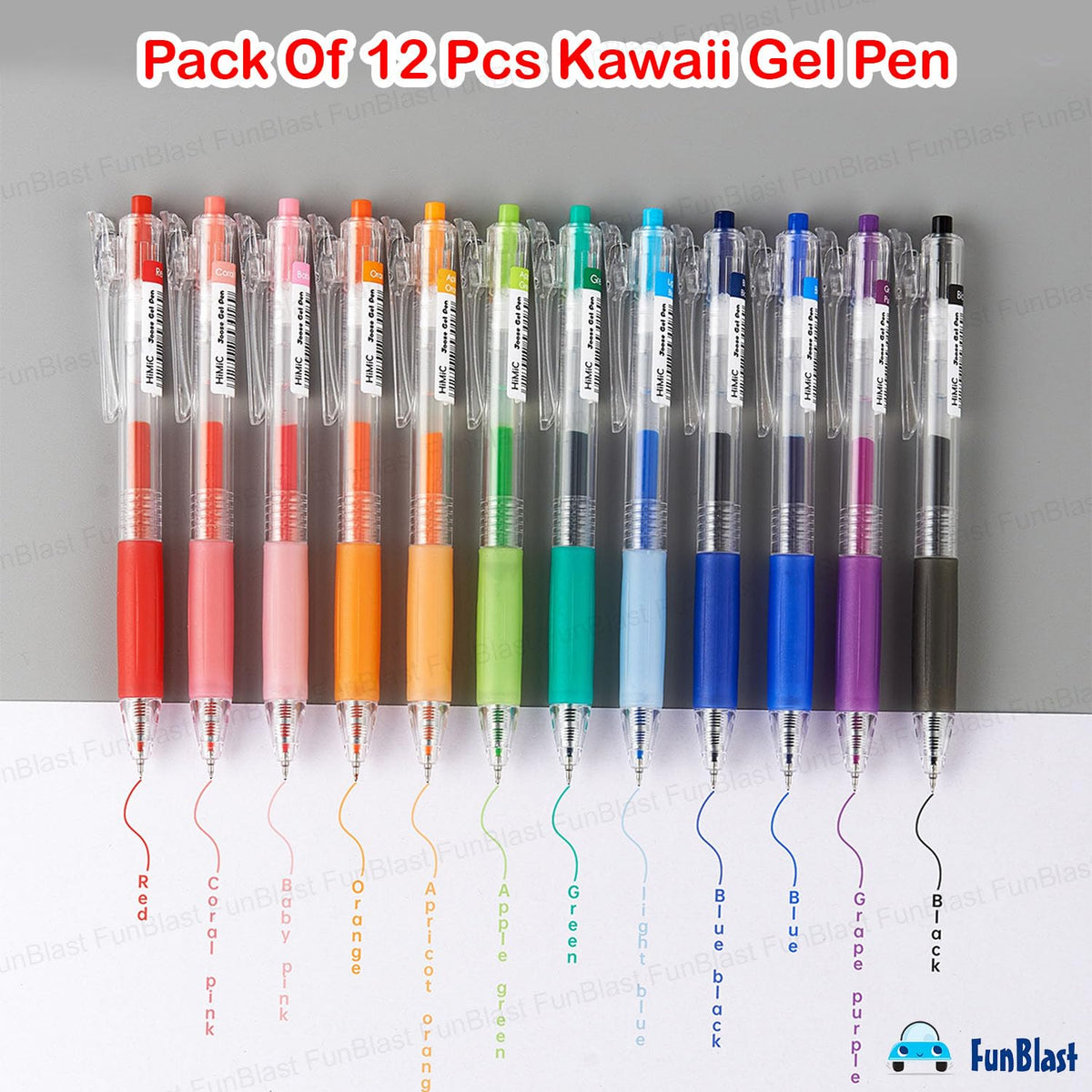 Pack of 12 colorful gel pens with labeled colors on a gray background