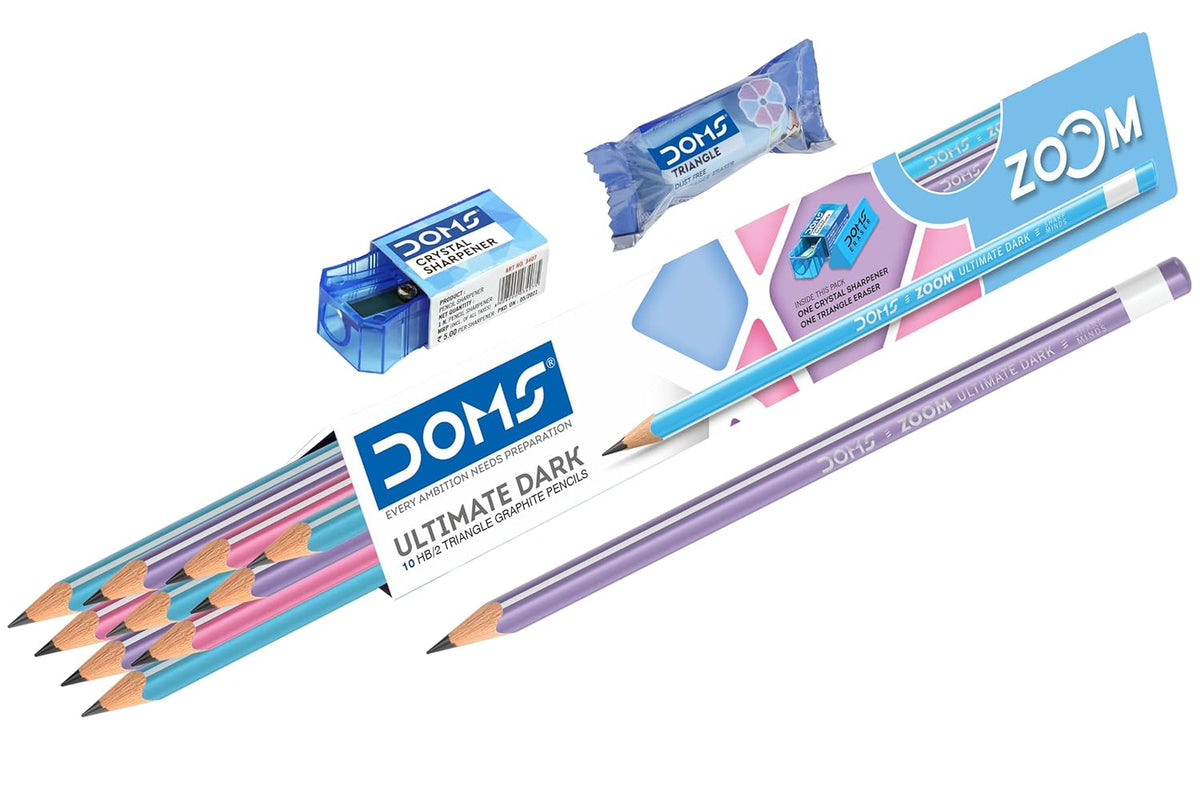 Assorted stationery items including pencils, erasers, and sharpeners with DOMS branding on a white background.