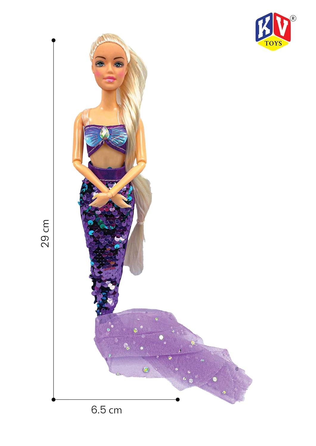 Mermaid doll with measurements on a white background