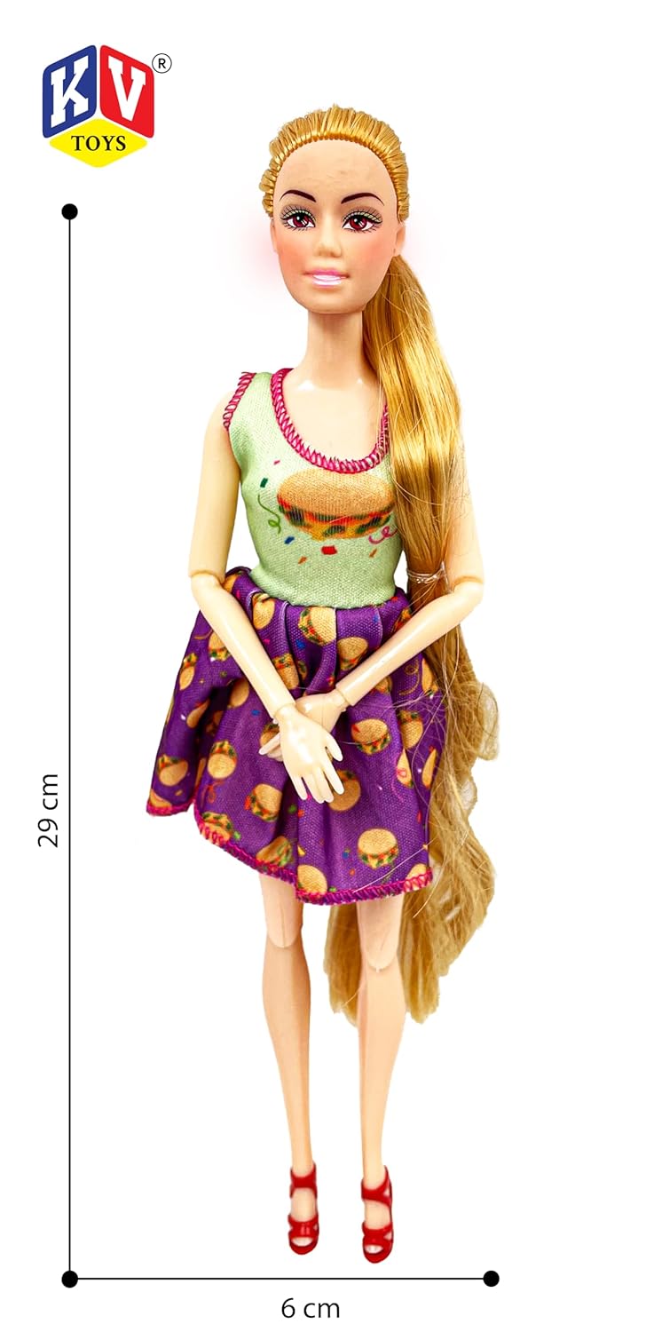 Barbie doll with a dress and measurements on a white background
