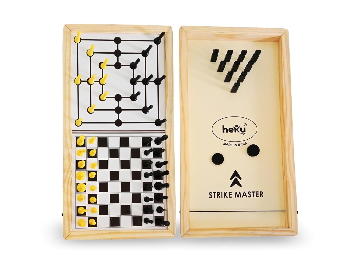Wooden game set with 'heku' branding on a white background